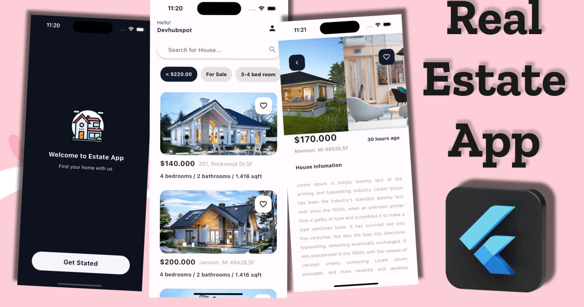 Create Real Estate App UI Design in Flutter | devhubspot